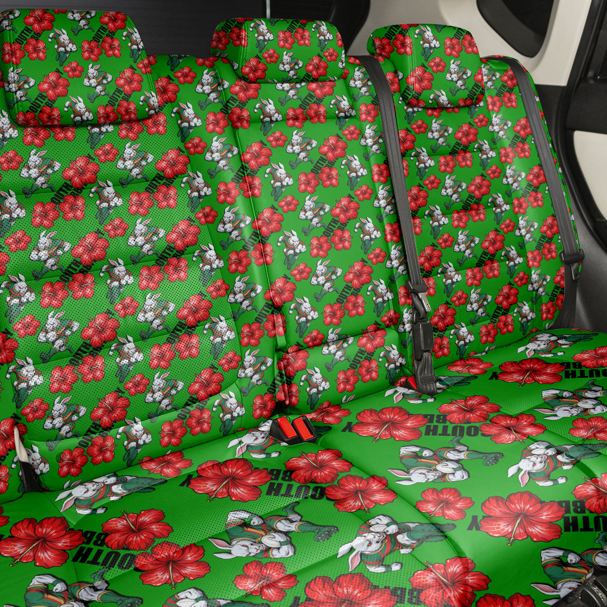 South Sydney Rabbitohs Back Car Seat Cover Tropical Hibiscus Floral Seamless Rugby Mascot