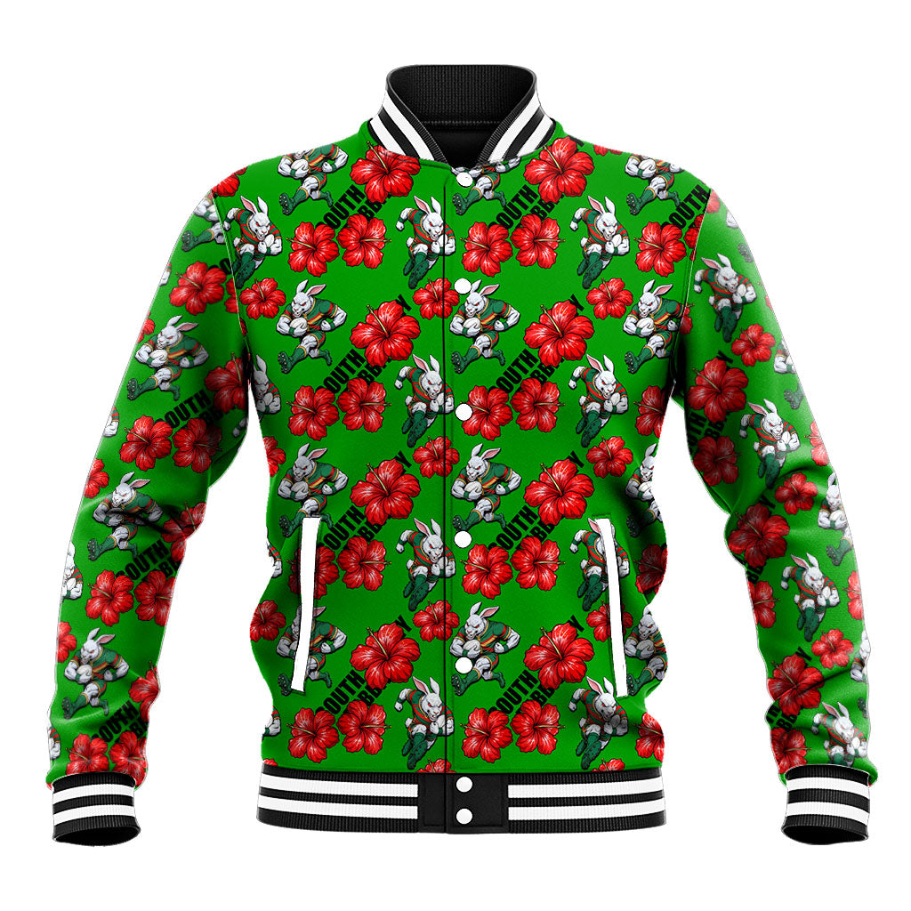 South Sydney Rabbitohs Baseball Jacket Tropical Hibiscus Floral Seamless Rugby Mascot
