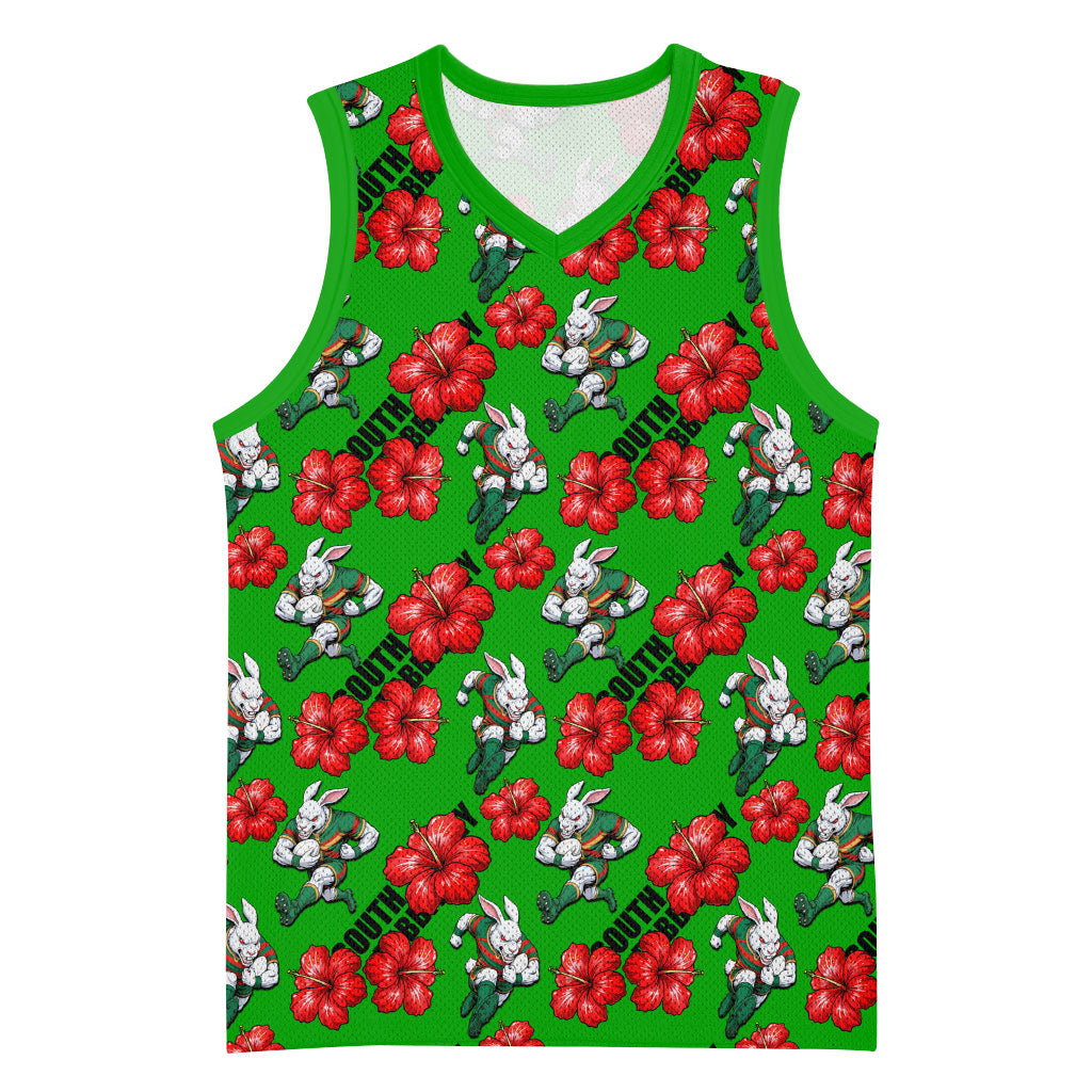 South Sydney Rabbitohs Basketball Jersey Tropical Hibiscus Floral Seamless Rugby Mascot