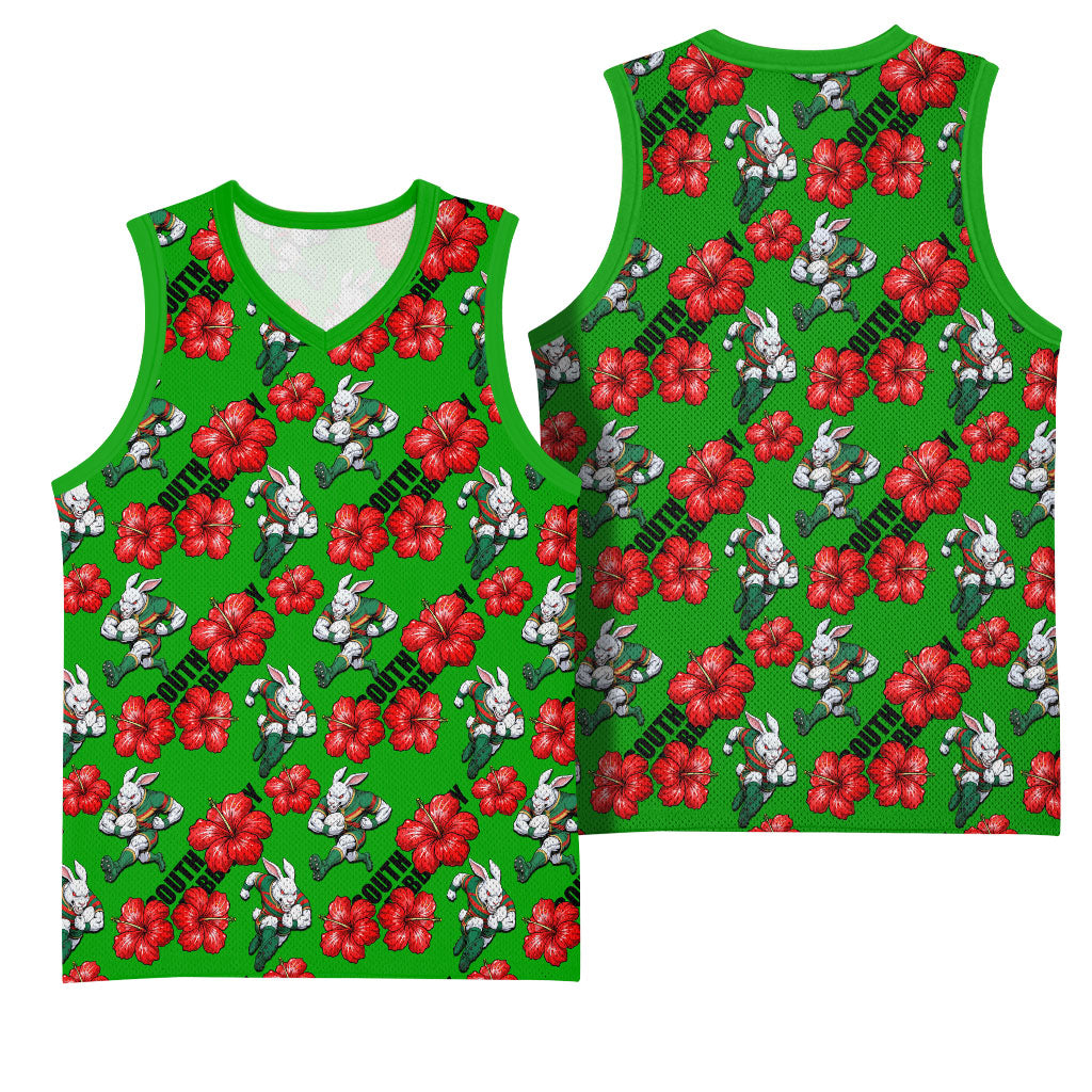 South Sydney Rabbitohs Basketball Jersey Tropical Hibiscus Floral Seamless Rugby Mascot