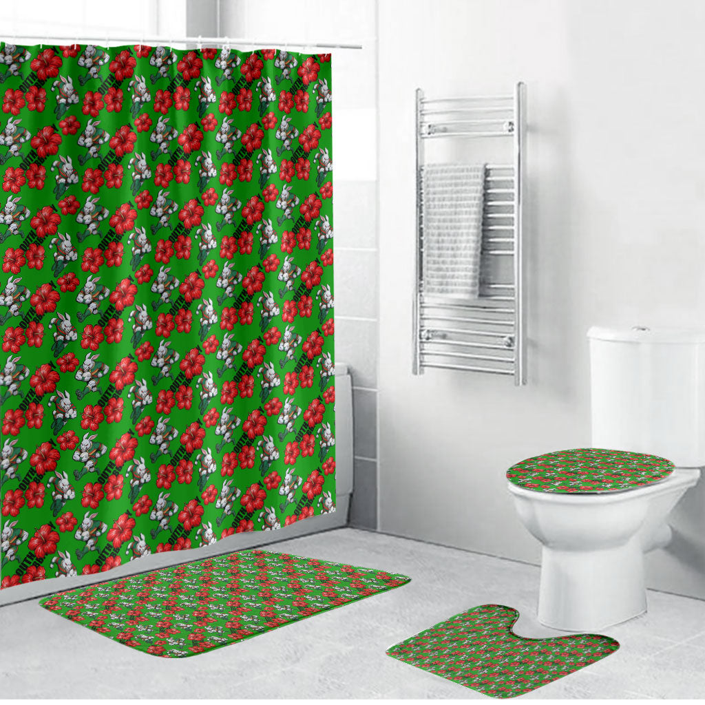 South Sydney Rabbitohs Bathroom Set Tropical Hibiscus Floral Seamless Rugby Mascot
