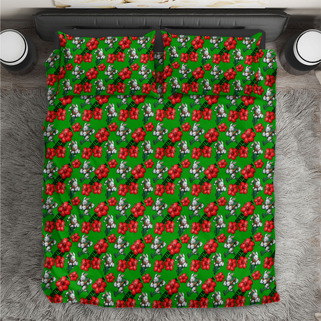 South Sydney Rabbitohs Bedding Set Tropical Hibiscus Floral Seamless Rugby Mascot