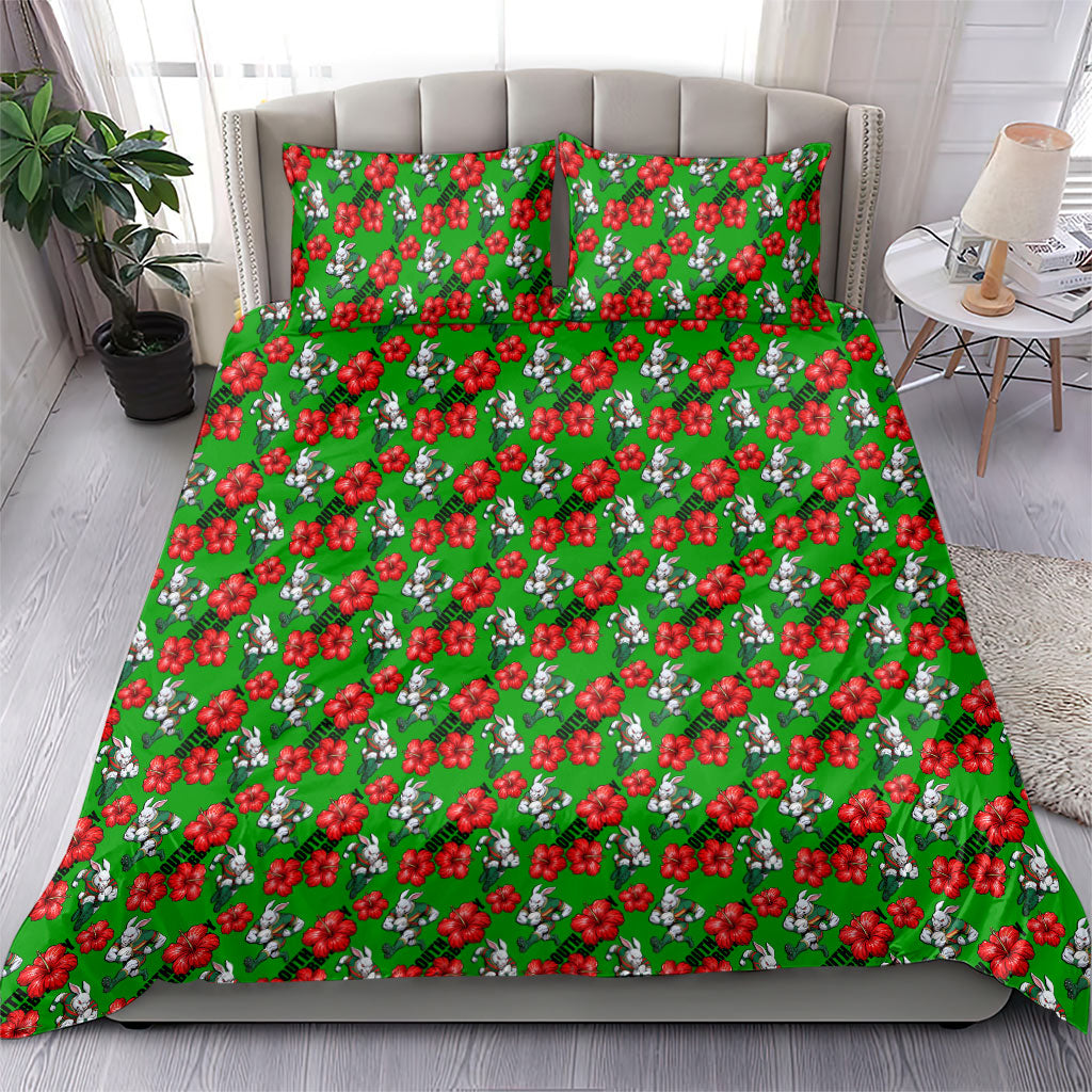 South Sydney Rabbitohs Bedding Set Tropical Hibiscus Floral Seamless Rugby Mascot