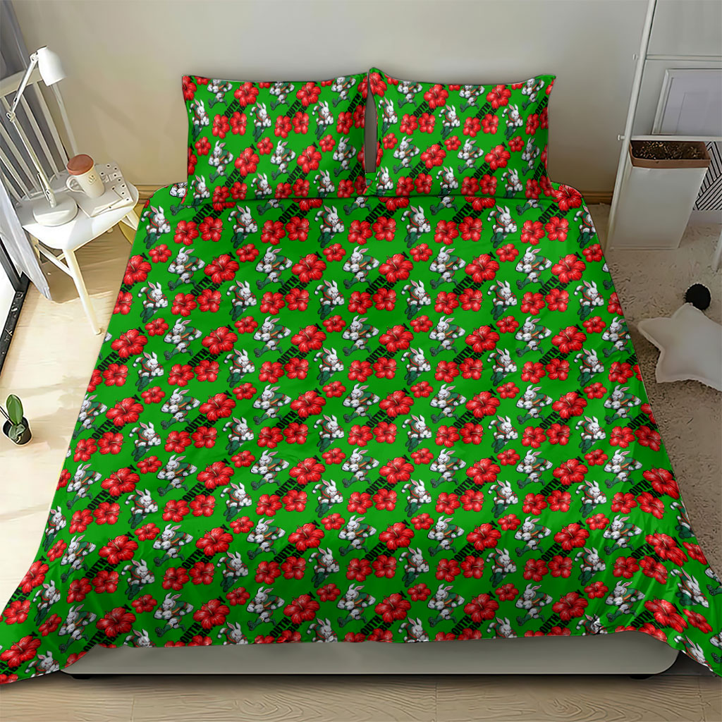 South Sydney Rabbitohs Bedding Set Tropical Hibiscus Floral Seamless Rugby Mascot