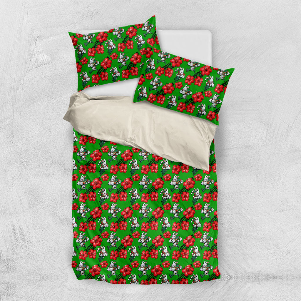 South Sydney Rabbitohs Bedding Set Tropical Hibiscus Floral Seamless Rugby Mascot