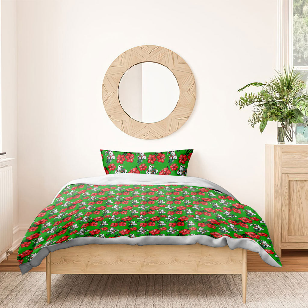 South Sydney Rabbitohs Bedding Set Tropical Hibiscus Floral Seamless Rugby Mascot