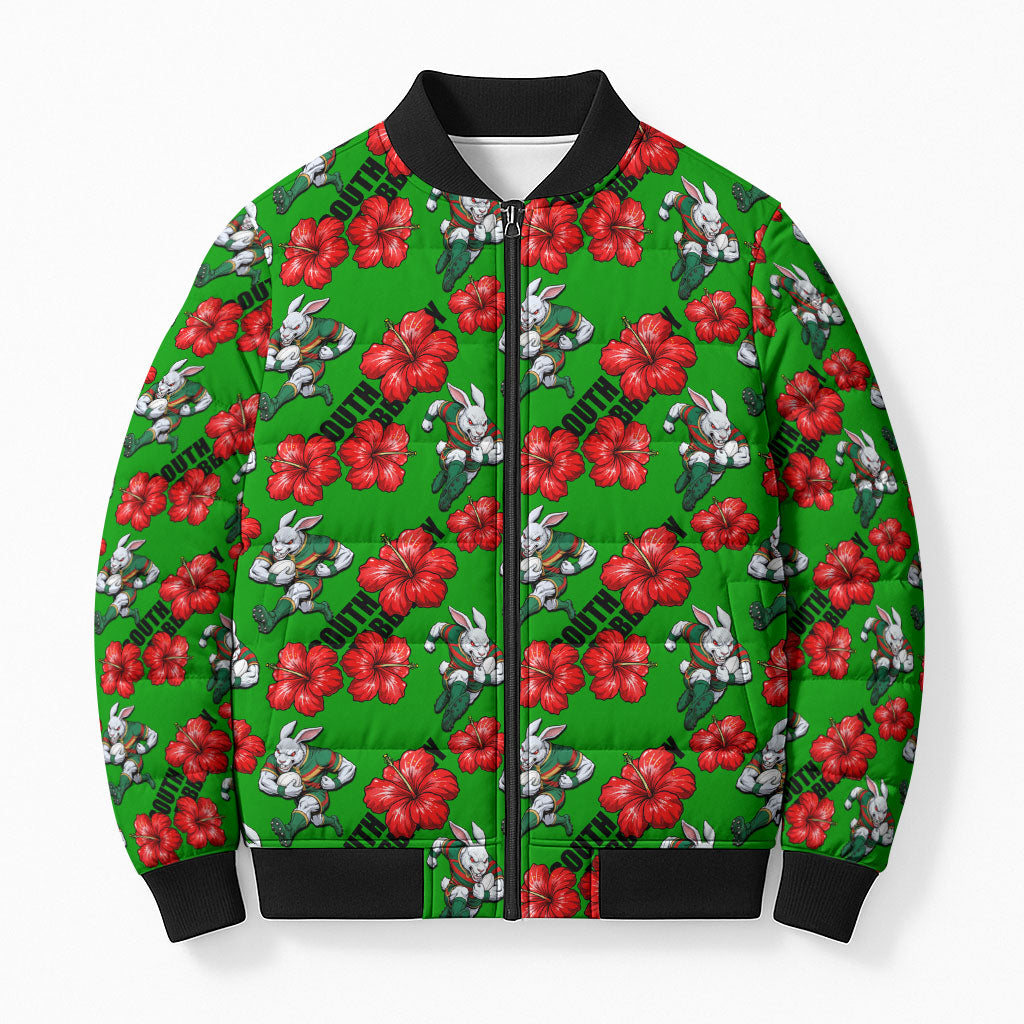 South Sydney Rabbitohs Bomber Puffer Jacket Tropical Hibiscus Floral Seamless Rugby Mascot