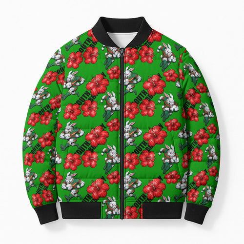 South Sydney Rabbitohs Bomber Puffer Jacket Tropical Hibiscus Floral Seamless Rugby Mascot