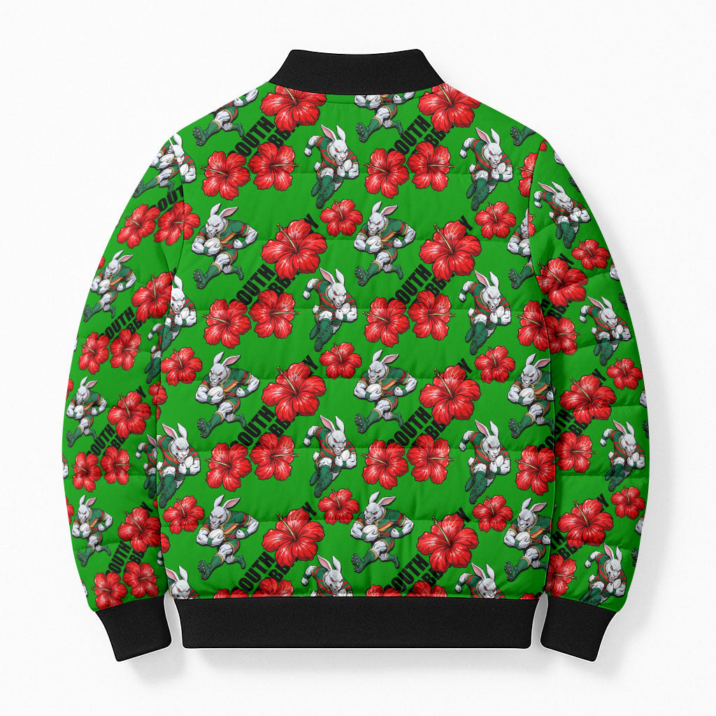 South Sydney Rabbitohs Bomber Puffer Jacket Tropical Hibiscus Floral Seamless Rugby Mascot