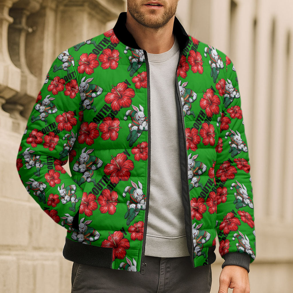 South Sydney Rabbitohs Bomber Puffer Jacket Tropical Hibiscus Floral Seamless Rugby Mascot