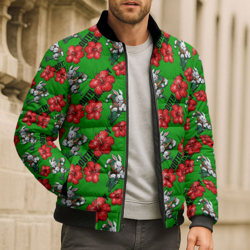 South Sydney Rabbitohs Bomber Puffer Jacket Tropical Hibiscus Floral Seamless Rugby Mascot
