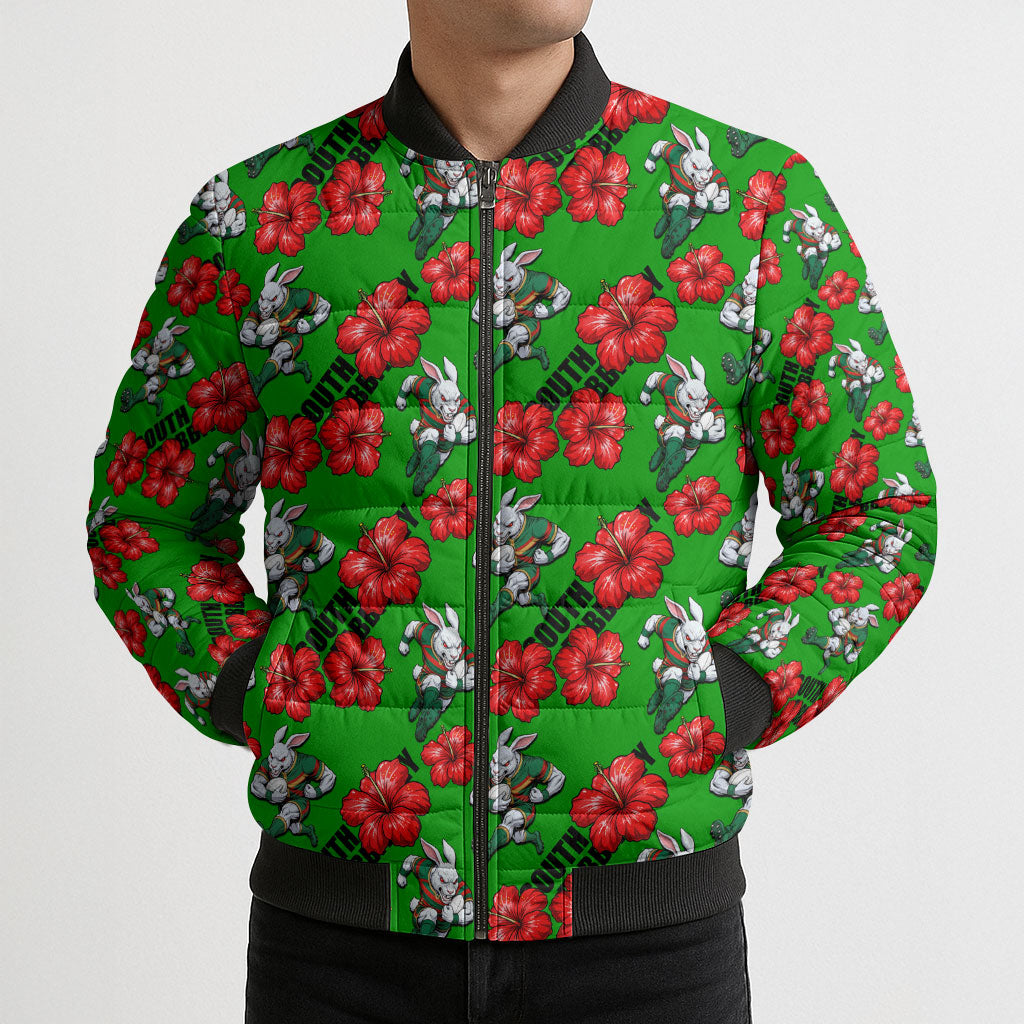 South Sydney Rabbitohs Bomber Puffer Jacket Tropical Hibiscus Floral Seamless Rugby Mascot