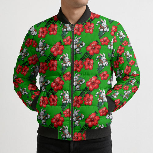 South Sydney Rabbitohs Bomber Puffer Jacket Tropical Hibiscus Floral Seamless Rugby Mascot