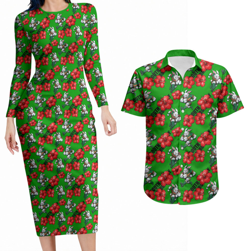 South Sydney Rabbitohs Couples Matching Long Sleeve Bodycon Dress and Hawaiian Shirt Tropical Hibiscus Floral Seamless Rugby Mascot