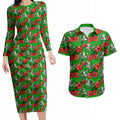 South Sydney Rabbitohs Couples Matching Long Sleeve Bodycon Dress and Hawaiian Shirt Tropical Hibiscus Floral Seamless Rugby Mascot