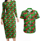 South Sydney Rabbitohs Couples Matching Long Sleeve Bodycon Dress and Hawaiian Shirt Tropical Hibiscus Floral Seamless Rugby Mascot