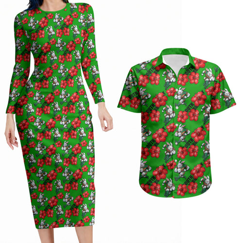 South Sydney Rabbitohs Couples Matching Long Sleeve Bodycon Dress and Hawaiian Shirt Tropical Hibiscus Floral Seamless Rugby Mascot