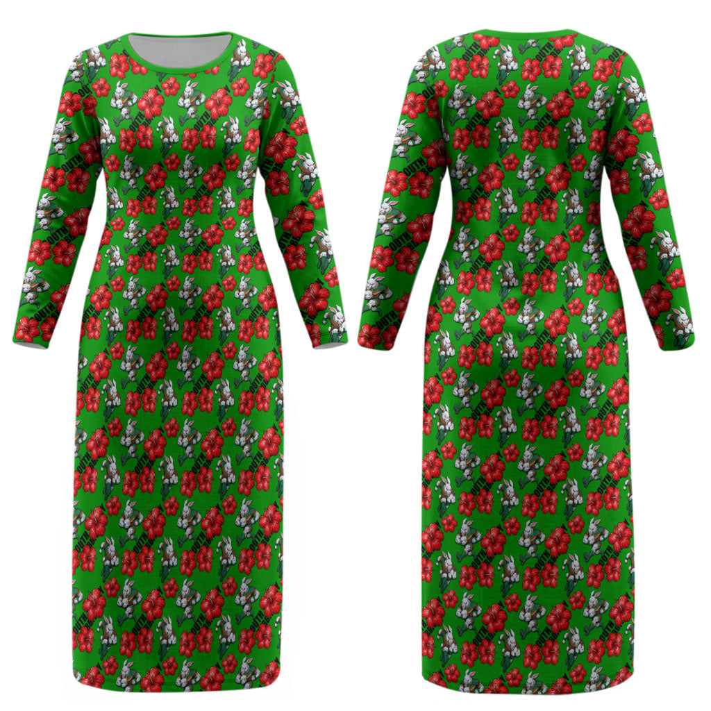 South Sydney Rabbitohs Couples Matching Long Sleeve Bodycon Dress and Hawaiian Shirt Tropical Hibiscus Floral Seamless Rugby Mascot