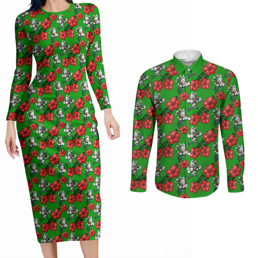 South Sydney Rabbitohs Couples Matching Long Sleeve Bodycon Dress and Long Sleeve Button Shirt Tropical Hibiscus Floral Seamless Rugby Mascot