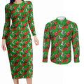 South Sydney Rabbitohs Couples Matching Long Sleeve Bodycon Dress and Long Sleeve Button Shirt Tropical Hibiscus Floral Seamless Rugby Mascot