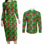 South Sydney Rabbitohs Couples Matching Long Sleeve Bodycon Dress and Long Sleeve Button Shirt Tropical Hibiscus Floral Seamless Rugby Mascot