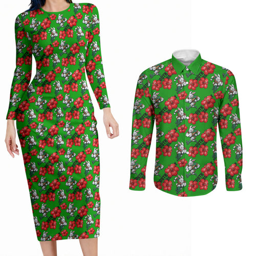 South Sydney Rabbitohs Couples Matching Long Sleeve Bodycon Dress and Long Sleeve Button Shirt Tropical Hibiscus Floral Seamless Rugby Mascot