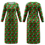 South Sydney Rabbitohs Couples Matching Long Sleeve Bodycon Dress and Long Sleeve Button Shirt Tropical Hibiscus Floral Seamless Rugby Mascot