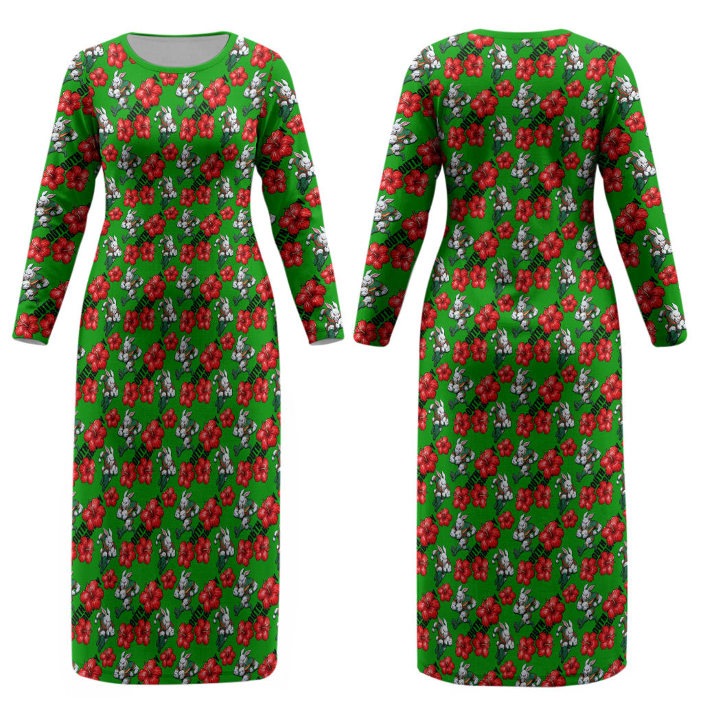 South Sydney Rabbitohs Couples Matching Long Sleeve Bodycon Dress and Long Sleeve Button Shirt Tropical Hibiscus Floral Seamless Rugby Mascot