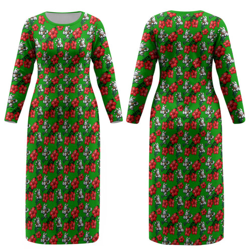 South Sydney Rabbitohs Couples Matching Long Sleeve Bodycon Dress and Long Sleeve Button Shirt Tropical Hibiscus Floral Seamless Rugby Mascot