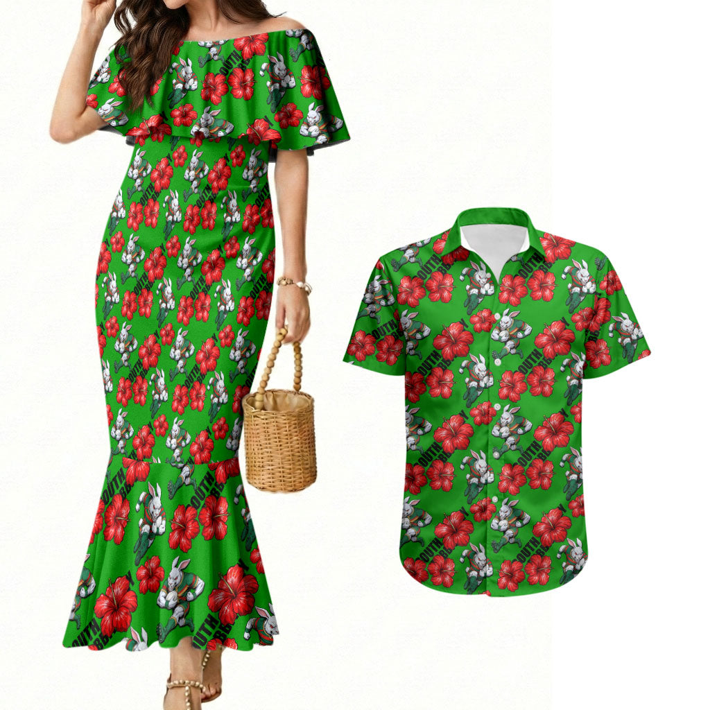 South Sydney Rabbitohs Couples Matching Mermaid Dress and Hawaiian Shirt Tropical Hibiscus Floral Seamless Rugby Mascot