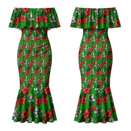 South Sydney Rabbitohs Couples Matching Mermaid Dress and Hawaiian Shirt Tropical Hibiscus Floral Seamless Rugby Mascot