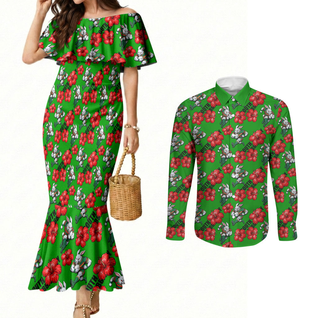 South Sydney Rabbitohs Couples Matching Mermaid Dress and Long Sleeve Button Shirt Tropical Hibiscus Floral Seamless Rugby Mascot