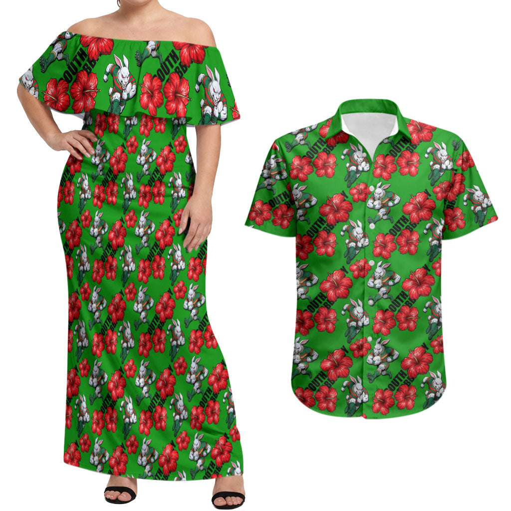 South Sydney Rabbitohs Couples Matching Off Shoulder Maxi Dress and Hawaiian Shirt Tropical Hibiscus Floral Seamless Rugby Mascot
