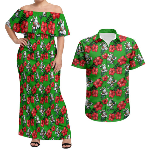 South Sydney Rabbitohs Couples Matching Off Shoulder Maxi Dress and Hawaiian Shirt Tropical Hibiscus Floral Seamless Rugby Mascot