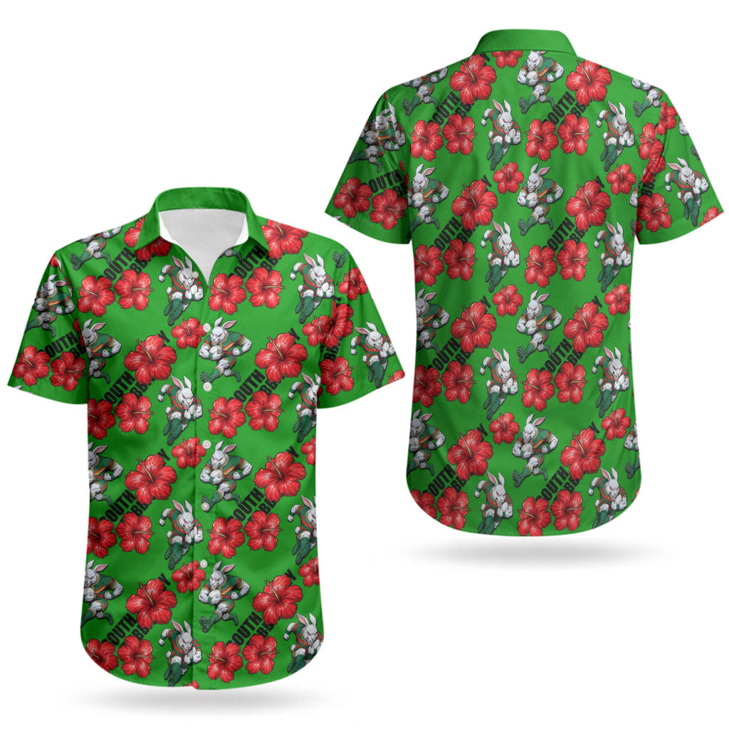 South Sydney Rabbitohs Couples Matching Off Shoulder Maxi Dress and Hawaiian Shirt Tropical Hibiscus Floral Seamless Rugby Mascot