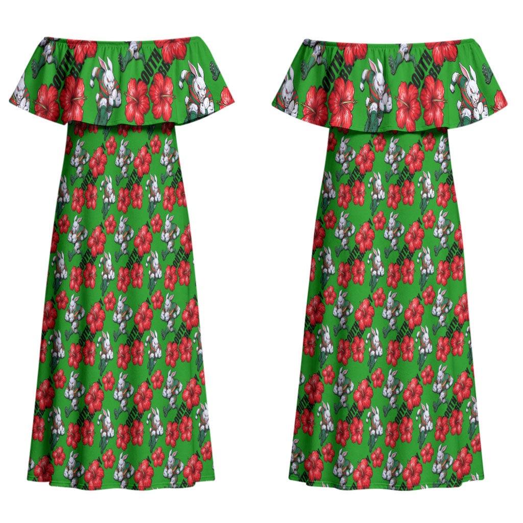 South Sydney Rabbitohs Couples Matching Off Shoulder Maxi Dress and Hawaiian Shirt Tropical Hibiscus Floral Seamless Rugby Mascot