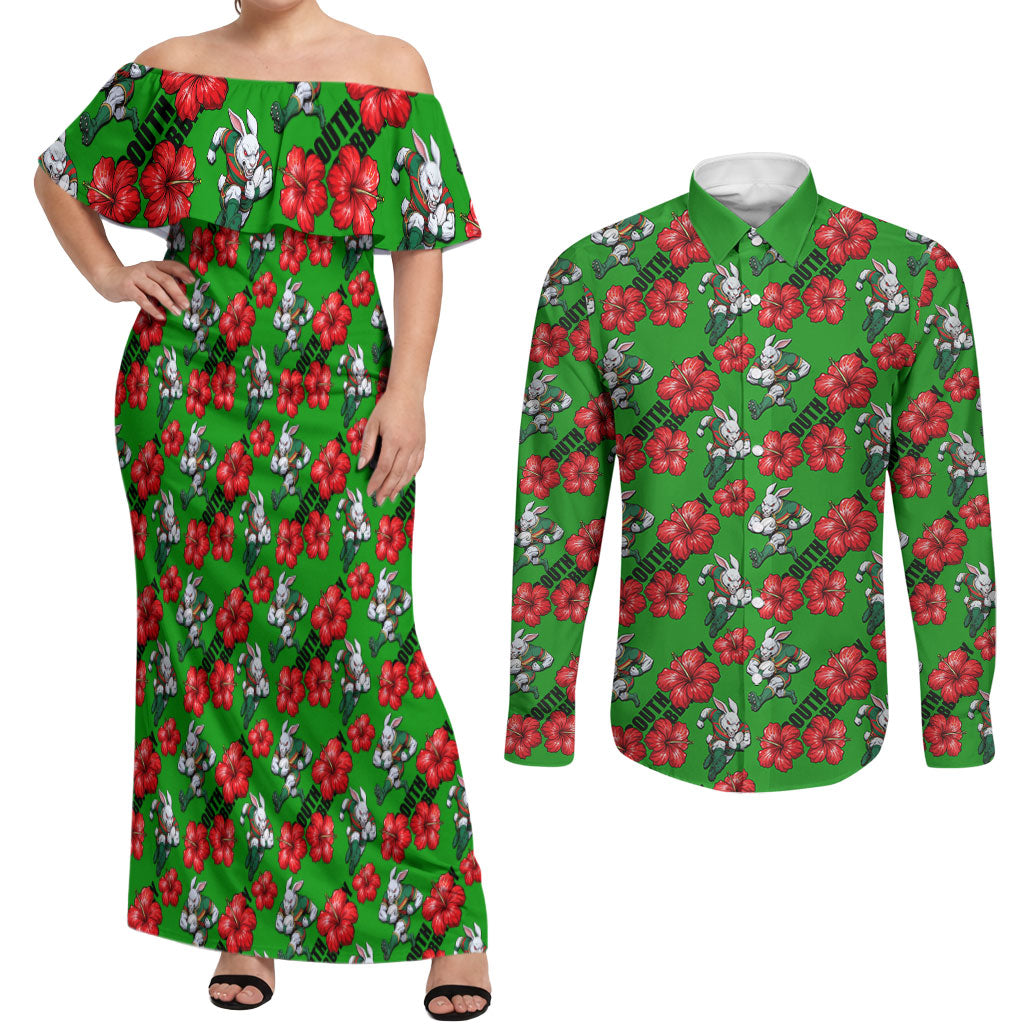 South Sydney Rabbitohs Couples Matching Off Shoulder Maxi Dress and Long Sleeve Button Shirt Tropical Hibiscus Floral Seamless Rugby Mascot