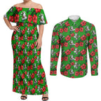 South Sydney Rabbitohs Couples Matching Off Shoulder Maxi Dress and Long Sleeve Button Shirt Tropical Hibiscus Floral Seamless Rugby Mascot