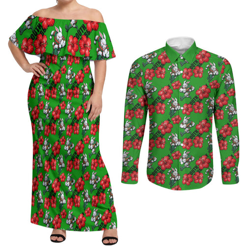 South Sydney Rabbitohs Couples Matching Off Shoulder Maxi Dress and Long Sleeve Button Shirt Tropical Hibiscus Floral Seamless Rugby Mascot