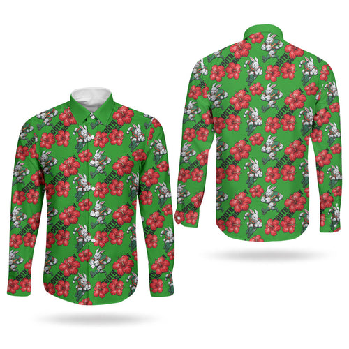 South Sydney Rabbitohs Couples Matching Off Shoulder Maxi Dress and Long Sleeve Button Shirt Tropical Hibiscus Floral Seamless Rugby Mascot