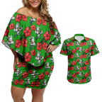 South Sydney Rabbitohs Couples Matching Off Shoulder Short Dress and Hawaiian Shirt Tropical Hibiscus Floral Seamless Rugby Mascot