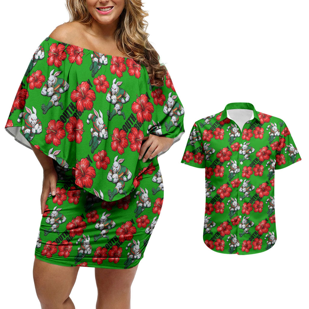 South Sydney Rabbitohs Couples Matching Off Shoulder Short Dress and Hawaiian Shirt Tropical Hibiscus Floral Seamless Rugby Mascot