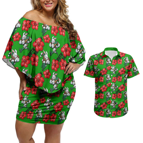 South Sydney Rabbitohs Couples Matching Off Shoulder Short Dress and Hawaiian Shirt Tropical Hibiscus Floral Seamless Rugby Mascot