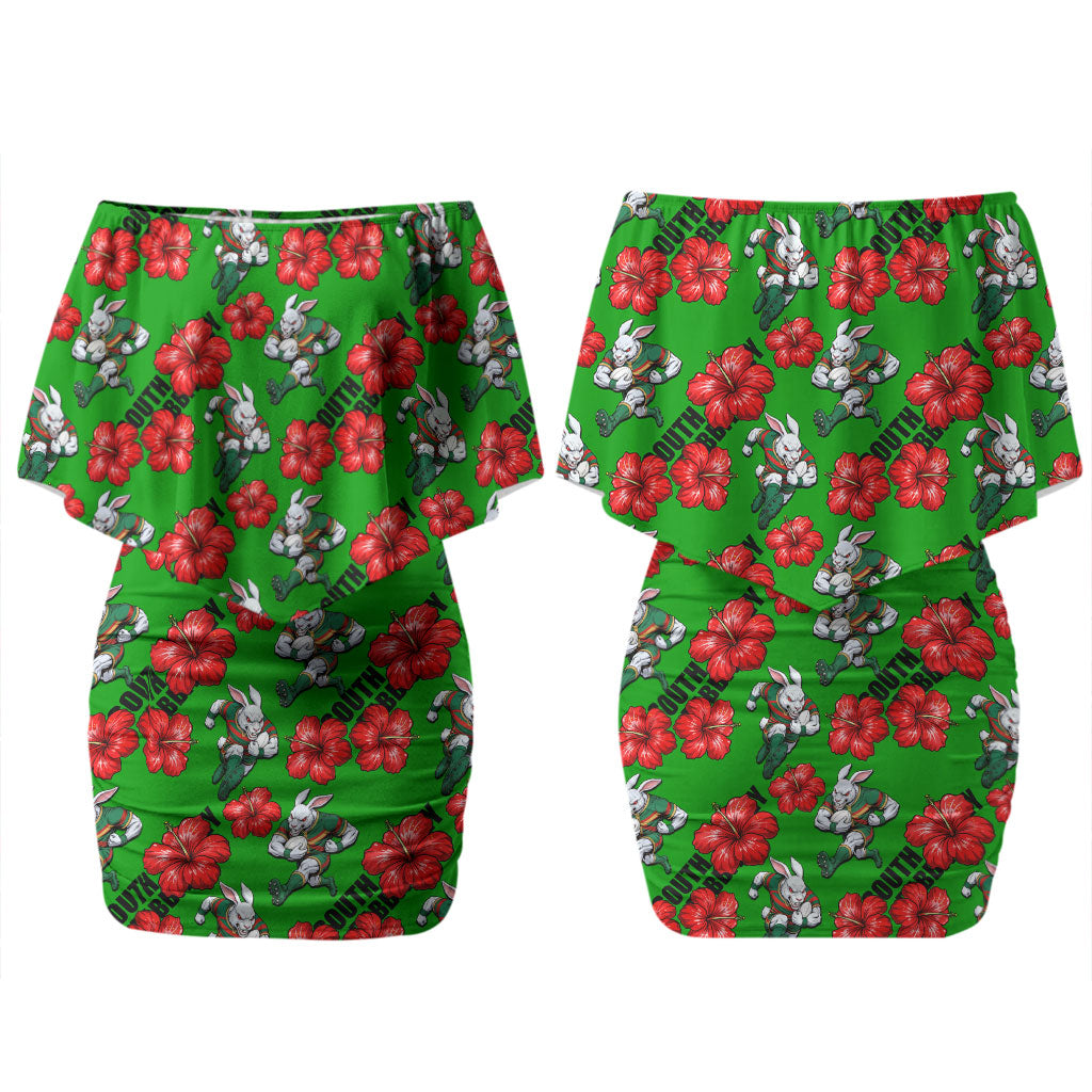 South Sydney Rabbitohs Couples Matching Off Shoulder Short Dress and Hawaiian Shirt Tropical Hibiscus Floral Seamless Rugby Mascot