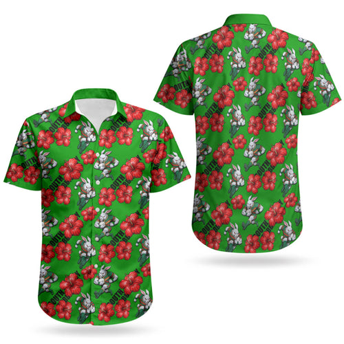 South Sydney Rabbitohs Couples Matching Off Shoulder Short Dress and Hawaiian Shirt Tropical Hibiscus Floral Seamless Rugby Mascot