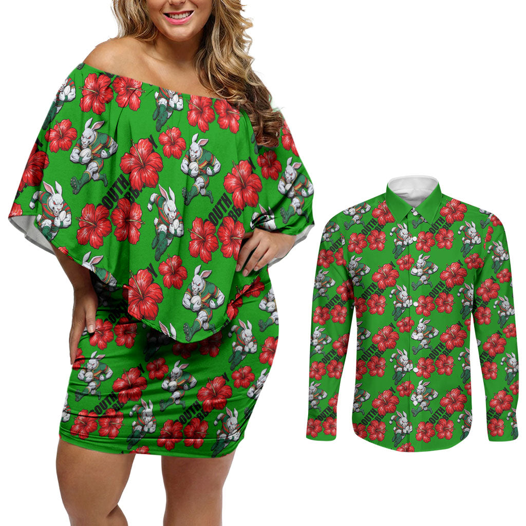 South Sydney Rabbitohs Couples Matching Off Shoulder Short Dress and Long Sleeve Button Shirt Tropical Hibiscus Floral Seamless Rugby Mascot
