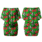 South Sydney Rabbitohs Couples Matching Off Shoulder Short Dress and Long Sleeve Button Shirt Tropical Hibiscus Floral Seamless Rugby Mascot