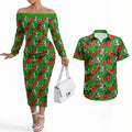 South Sydney Rabbitohs Couples Matching Off The Shoulder Long Sleeve Dress and Hawaiian Shirt Tropical Hibiscus Floral Seamless Rugby Mascot