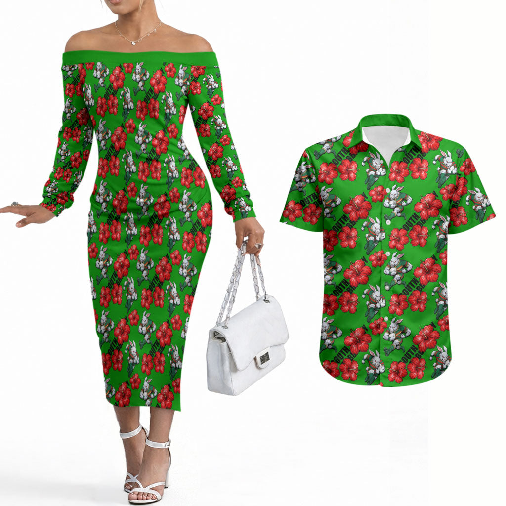 South Sydney Rabbitohs Couples Matching Off The Shoulder Long Sleeve Dress and Hawaiian Shirt Tropical Hibiscus Floral Seamless Rugby Mascot