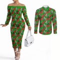 South Sydney Rabbitohs Couples Matching Off The Shoulder Long Sleeve Dress and Long Sleeve Button Shirt Tropical Hibiscus Floral Seamless Rugby Mascot
